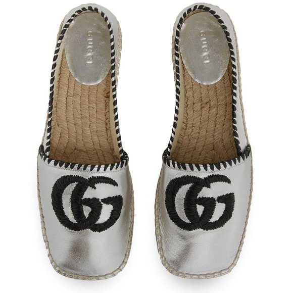 Gucci GG Embroidered Leather Espadrilles in Silver NEW IN BOX W SHOE BAG - Picture 3 of 5